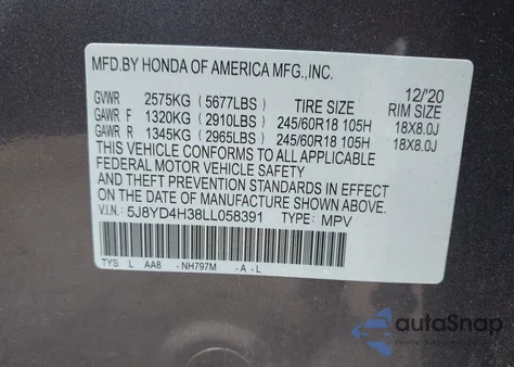 2020 Acura Mdx Standard из США, поврежденный, VIN 5J8YD4H38LL058391